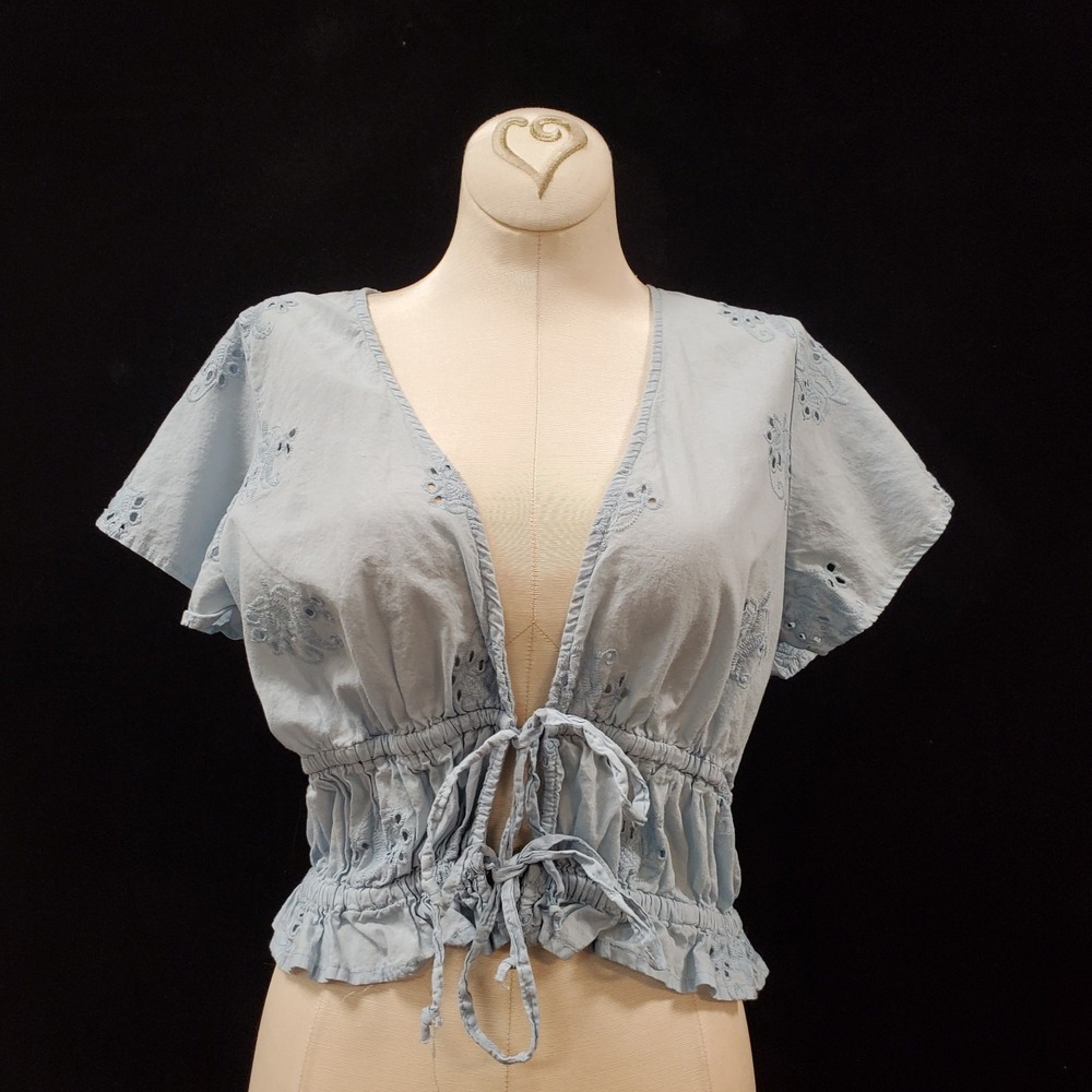Dizzy Lizzie Womens Tie Front Coquette Short Sleeve Top Size M Blue Eyelet Boho